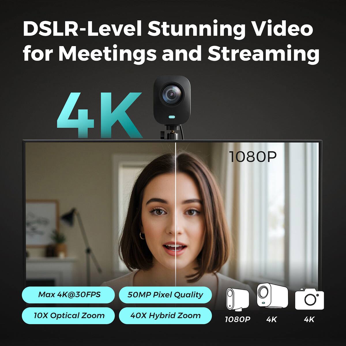 DSLR-Level Stunning Video for Meetings and Streaming  
4K  
Max 4K@30FPS  
50MP Pixel Quality  
10X Optical Zoom  
40X Hybrid Zoom  
1080P  
4K