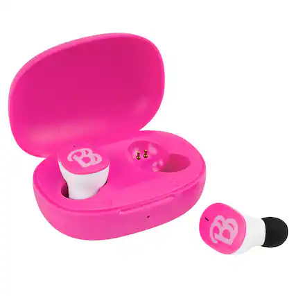 Front. eKids - eKids Barbie Wireless Earbuds for Kids, Bluetooth Earbuds with Charging Case - Pink.