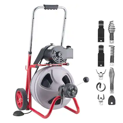 Front. VEVOR - Drain Cleaner Machine 75 FT x 3/8 Inch, Auto Feed Sewer Snake Drain Auger on Wheels, Portable Drain Cleaning Machine - Red stand + gray drum.