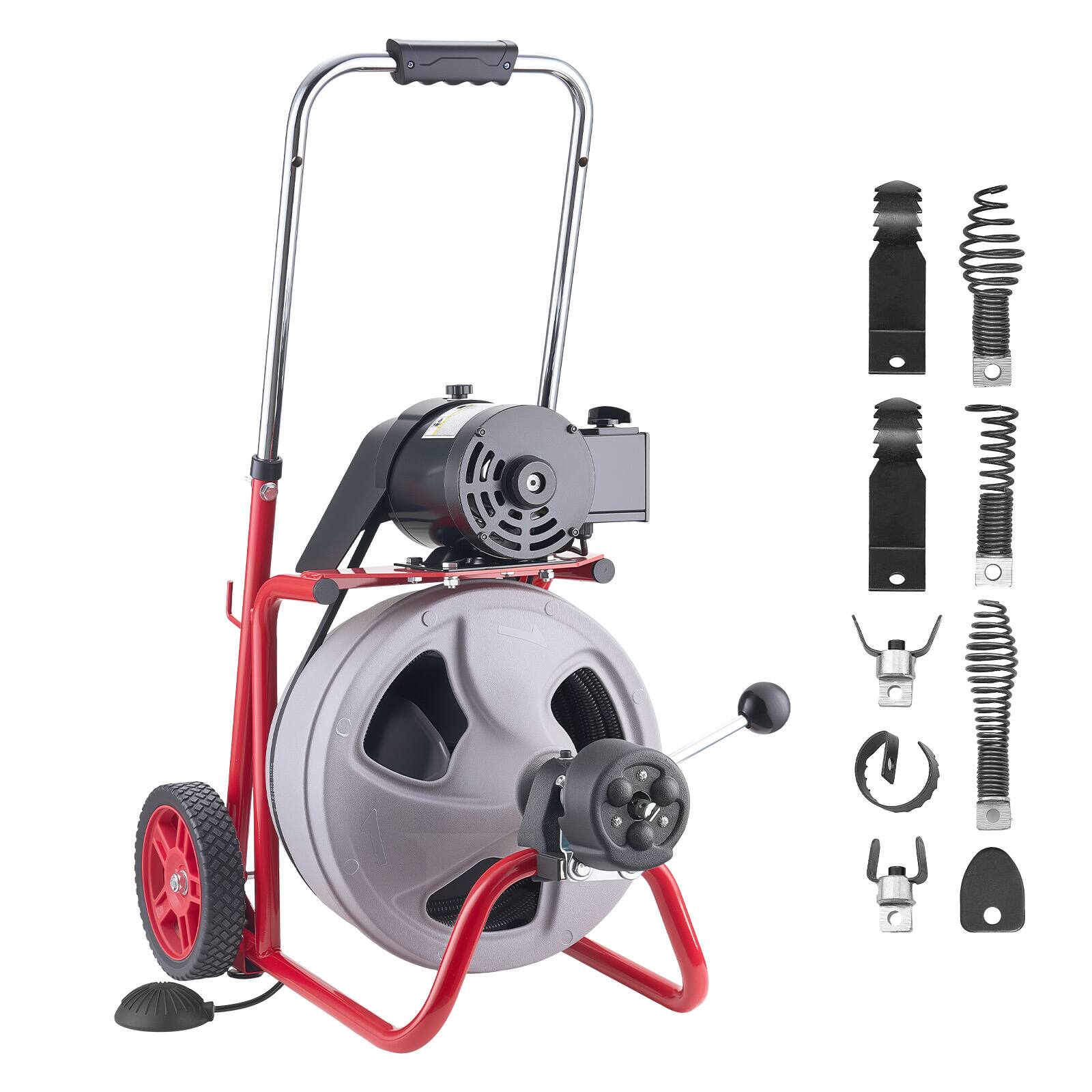 Front. VEVOR - Drain Cleaner Machine 75 FT x 3/8 Inch, Auto Feed Sewer Snake Drain Auger on Wheels, Portable Drain Cleaning Machine - Red stand + gray drum.
