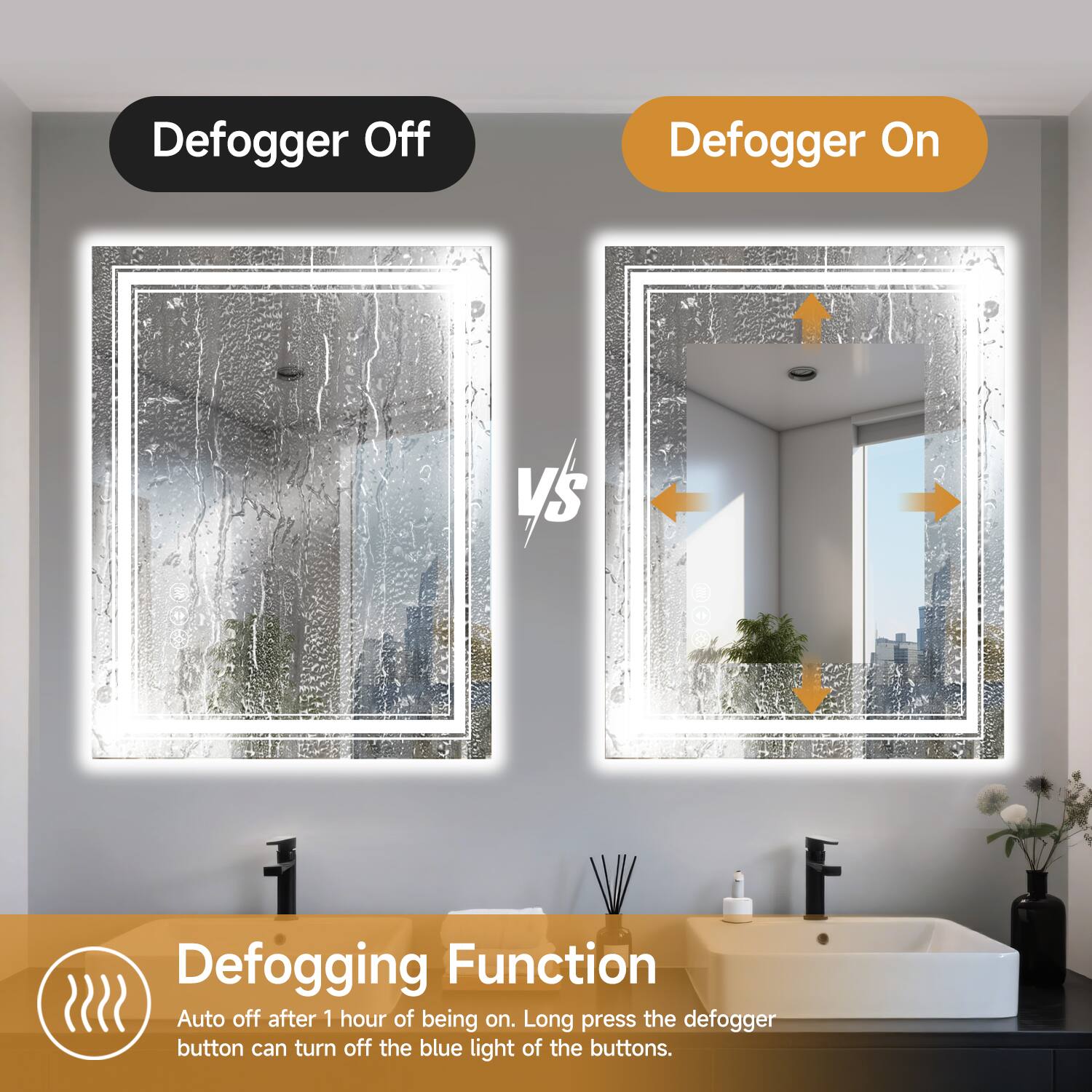 Defogger Off  
Defogger On  

VS  

Defogging Function  
Auto off after 1 hour of being on. Long press the defogger button can turn off the blue light of the buttons.