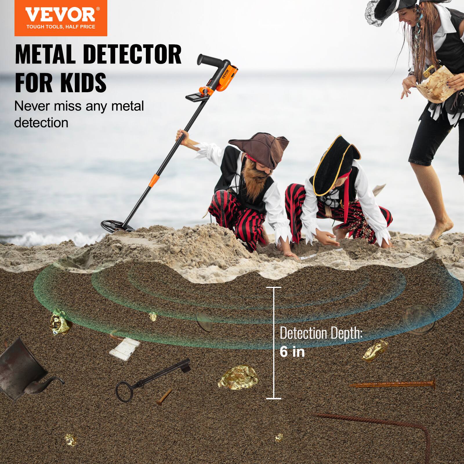 VEVOR  
TOUGH TOOLS, HALF PRICE  

METAL DETECTOR FOR KIDS  
Never miss any metal detection  

Detection Depth: 6 in