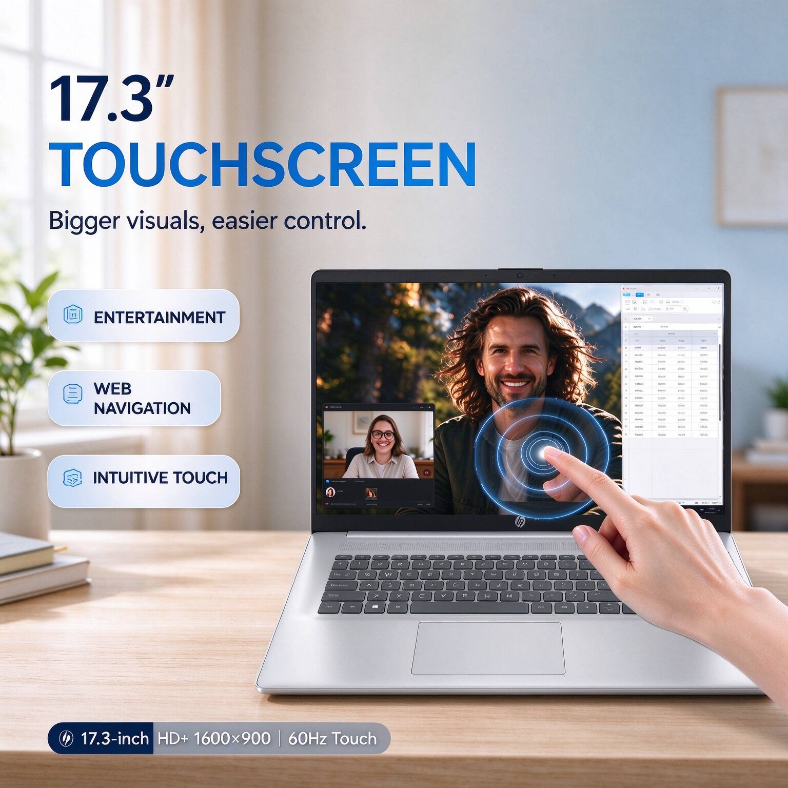 17.3" TOUCHSCREEN  
Bigger visuals, easier control.  

ENTERTAINMENT  
WEB NAVIGATION  
INTUITIVE TOUCH  

17.3-inch HD+ 1600x900 60Hz Touch