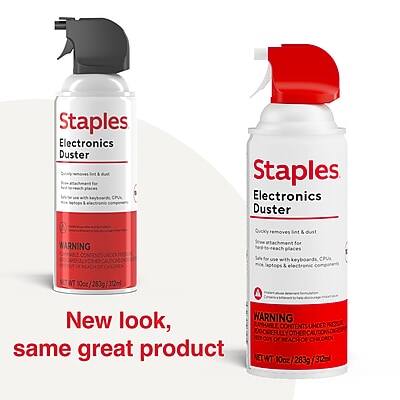 Staples Electronics Duster fully set & I

Staples Electronics Duster
WARNING
Quickly removes lint & dust for TVs, monitors, laptops & electronic components
NET WT 10oz 283g

New look, same great product
NET WT 10oz 283g 312ml