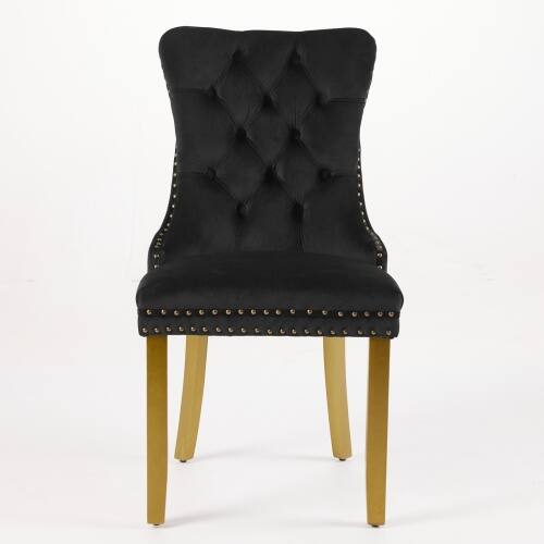 Angle. LUCKY ONE - Assembled Tufted Velvet Dining Chair Set of 2 with Lion Head Pull Ring Golden Wood Legs Nailhead - Black.