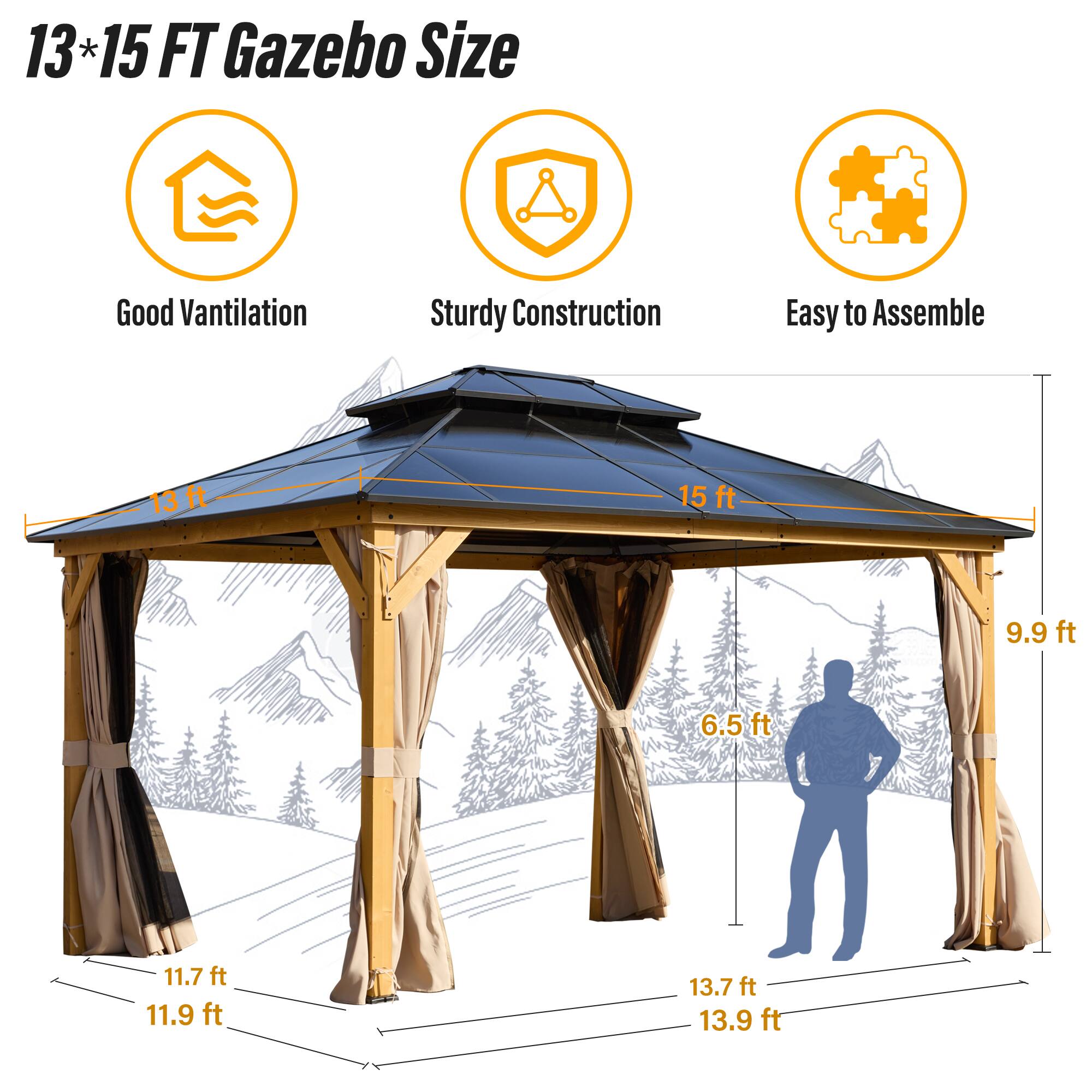 13*15 FT Gazebo Size, Good Vantilation, Sturdy Construction, Easy to Assemble, 13 ft, 15 ft, 9.9 ft, 6.5 ft, 11.7 ft, 11.9 ft, 13.7 ft, 13.9 ft