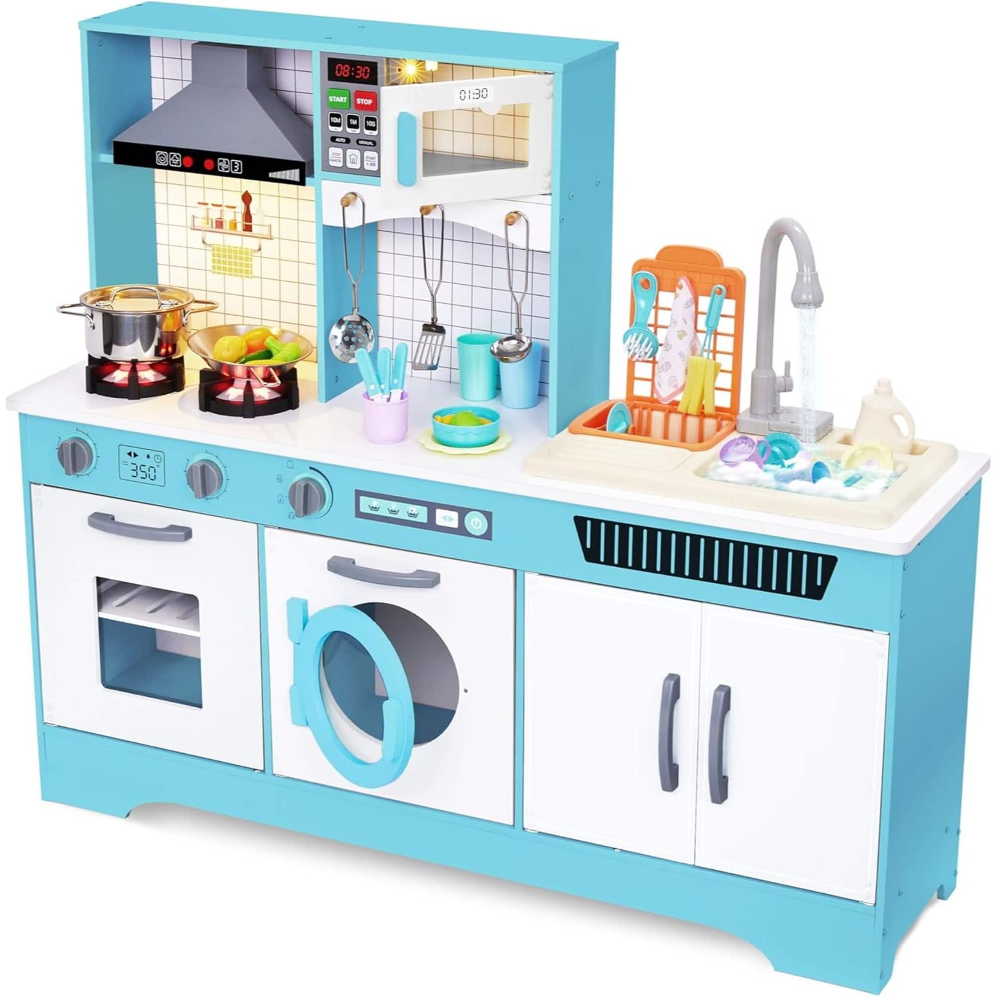 Lil' Jumbl - Kids Kitchen Playset, Pretend Kids Wooden Kitchen with Washer/Dryer, Sink & More - Blue