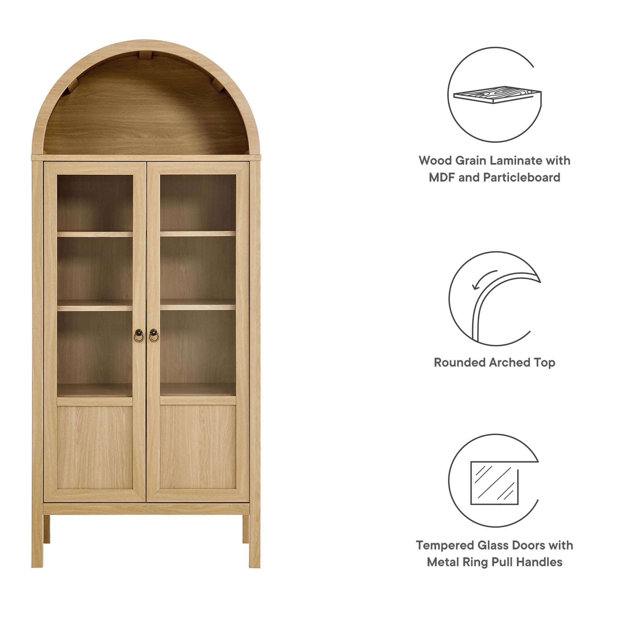 Wood Grain Laminate with MDF and Particleboard  
Rounded Arched Top  
Tempered Glass Doors with Metal Ring Pull Handles