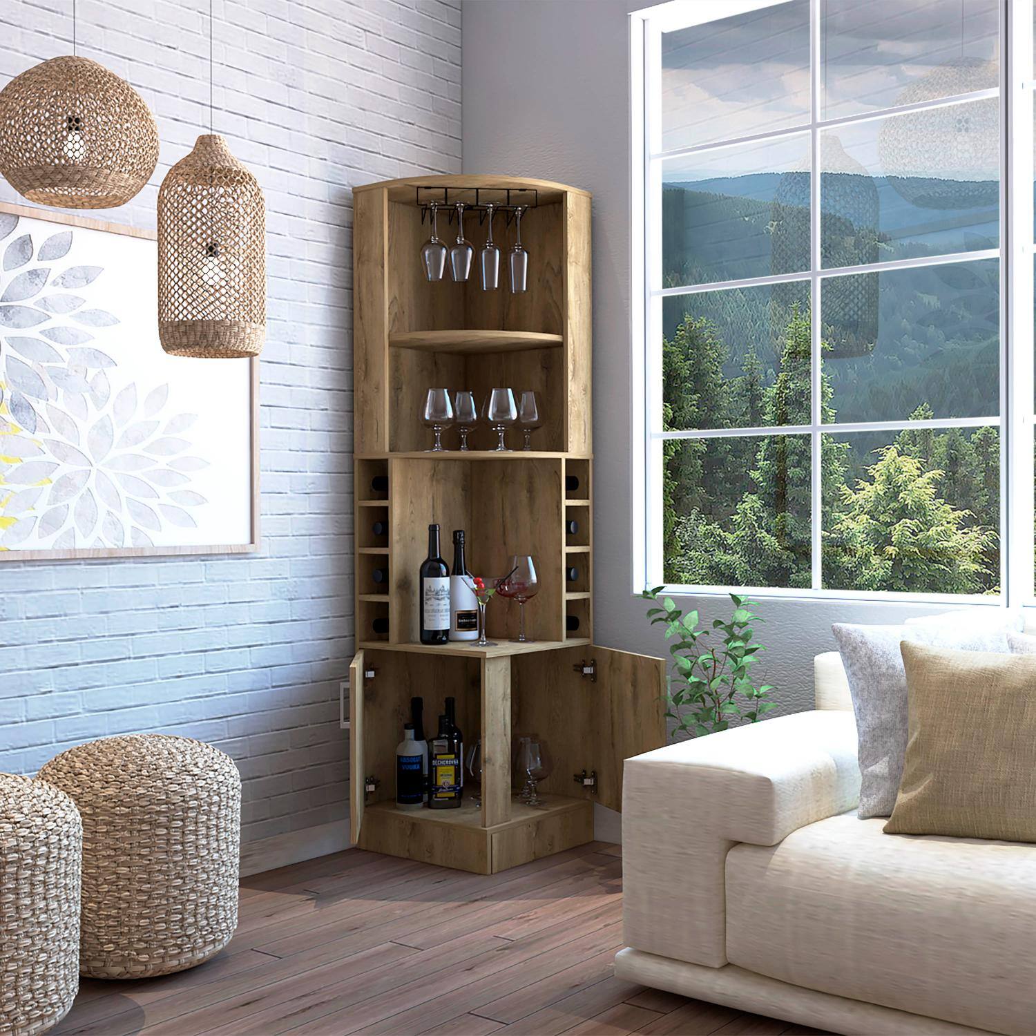 Left. TuHome - Syrah Corner Bar Cabinet, Eight Bottle Cubbies, Double Door, Two Open Shelves, Bar Room or Living Room - Macadamia.