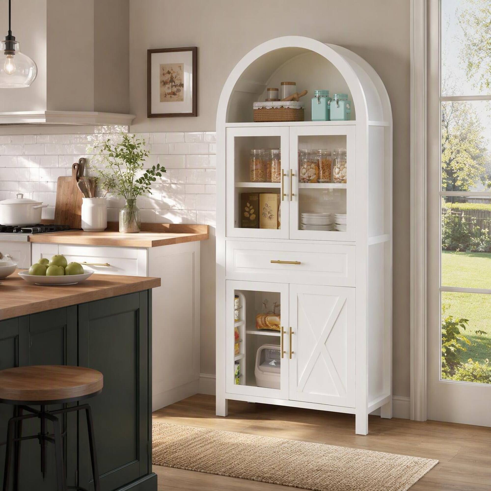 Angle. RYHNUYNE - Freestanding 71 Inch Tall Arched Kitchen Pantry Cabinet with Adjustable Shelves and Glass Door, White - White.