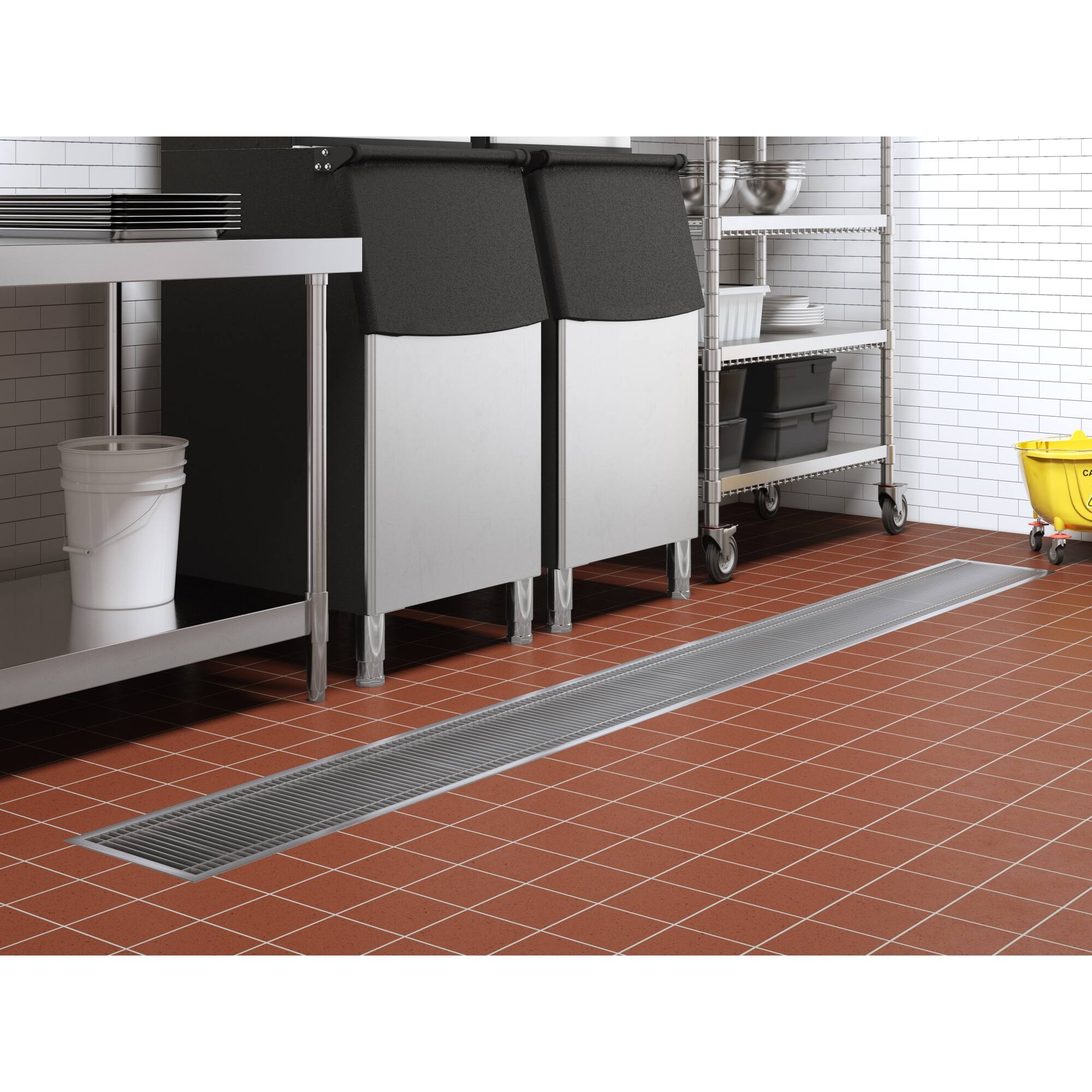 Left. Koolmore - 12" x 96" Stainless Steel Floor Trough Drain, 14-Gauge with Subway-Style Grating & Removable Drain Basket, NSF Listed - Stainless-Steel.