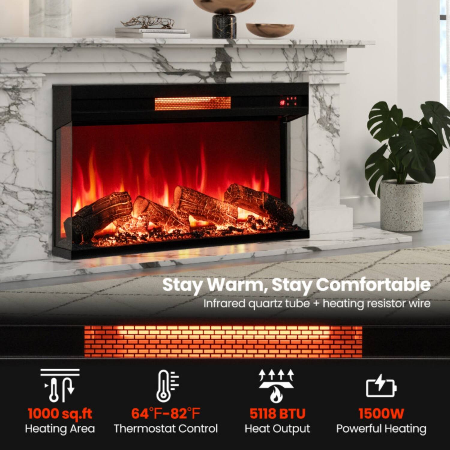 Stay Warm, Stay Comfortable  
Infrared quartz tube + heating resistor wire  

1000 sq.ft  
64°F-82°F  
Thermostat Control  
5118 BTU Heat Output  
1500W Powerful Heating