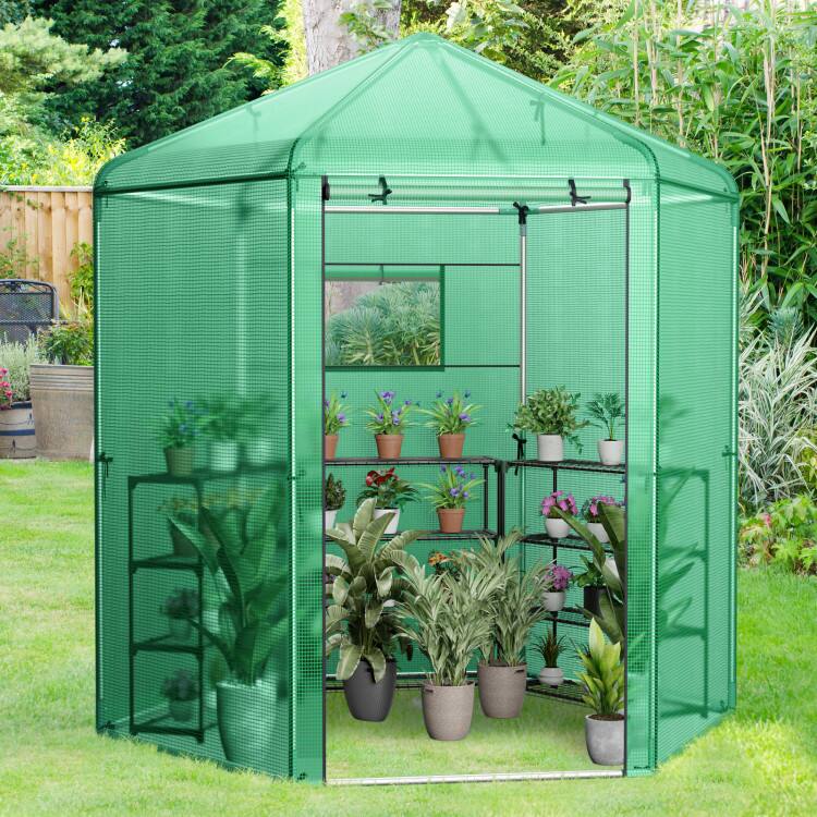 Alt View 1. SlickBlue - Walk-In Hexagonal Greenhouse with PE Cover and Metal Frame - Green.
