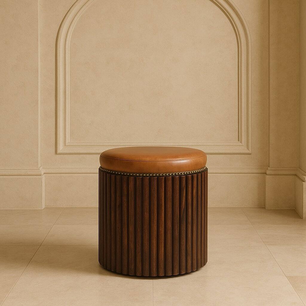 Alt View 2. Artisan Furniture - Artisan Furniture Solid Wood Ribbed Leather Accent Stool - Brown.