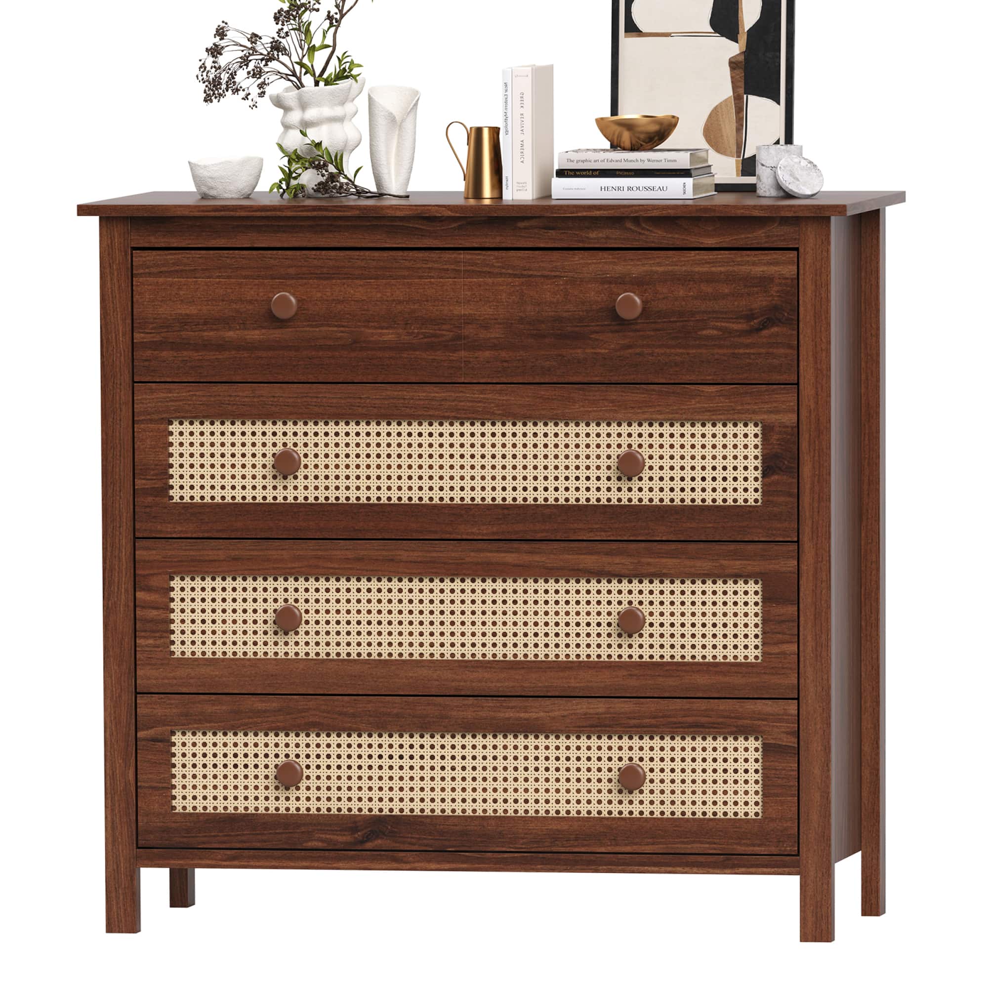 GOODSILO - Modern Sideboard Buffet Cabinet with Drawers and Rattan Accents for Kitchen Living Room Dining Room Hallway - Walnut