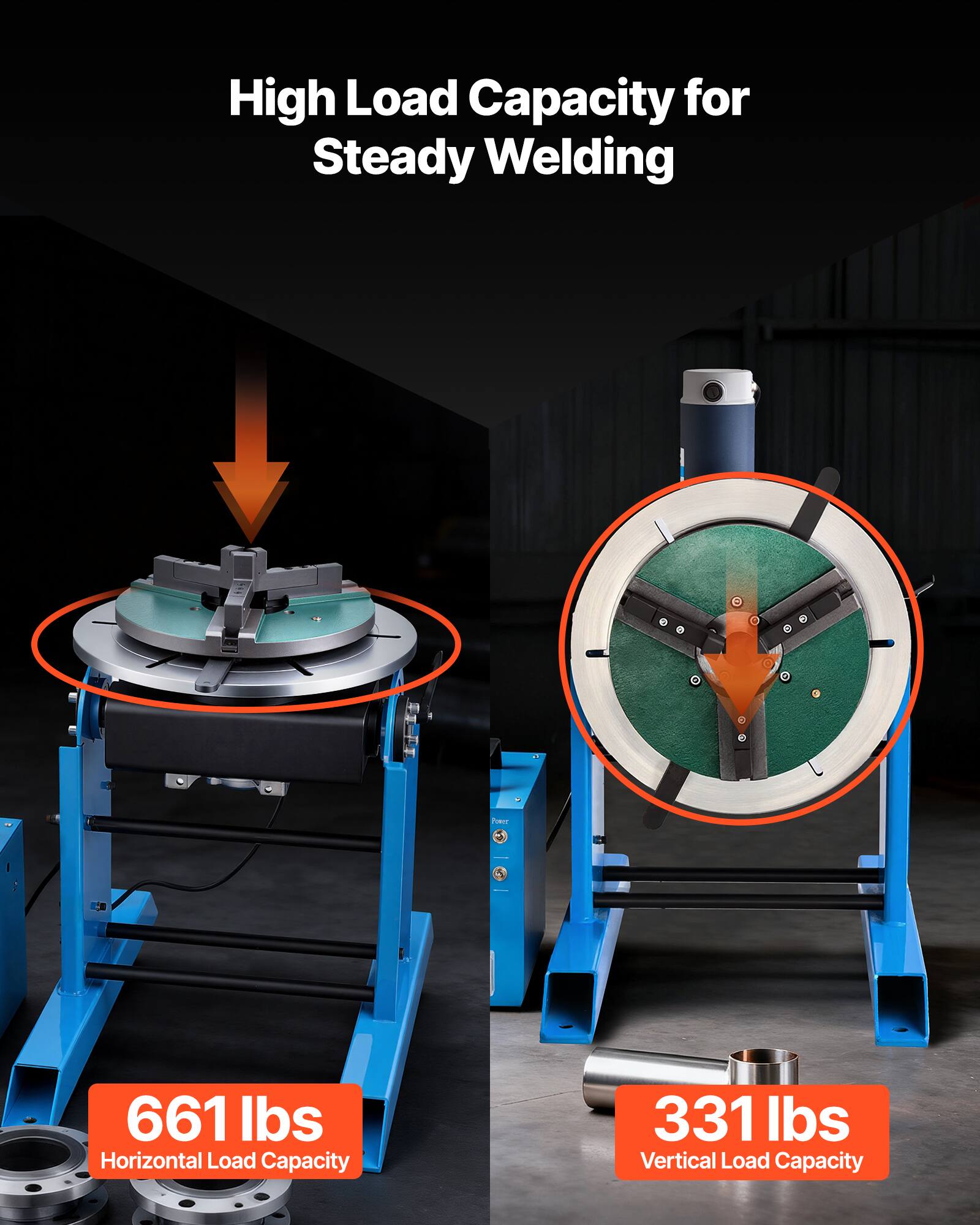 High Load Capacity for Steady Welding  
- Horizontal Load Capacity: 661 lbs  
- Vertical Load Capacity: 331 lbs