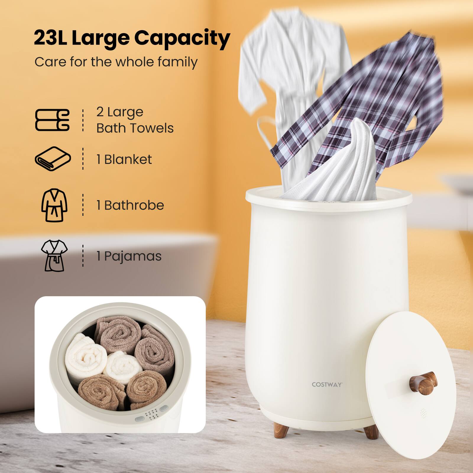23L Large Capacity Care for the whole family. 2 Large Bath Towels, 1 Blanket, 1 Bathrobe, 1 Pajamas. COSTWAY S A - 2t.