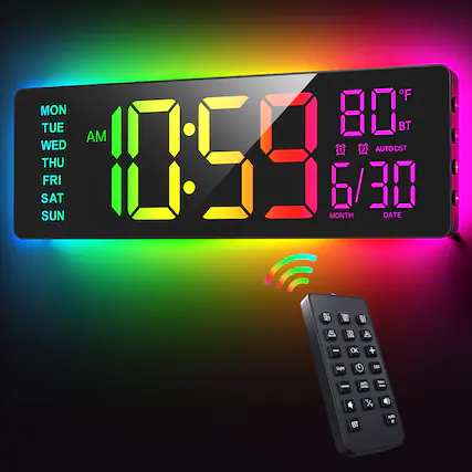 Sure, here is the corrected and grouped text from the image:
- **Time:** 10:59 AM
- **Temperature:** 80°F
- **BT:** (Bluetooth symbol)
- **Day:** MON TUE WED THU FRI SAT SUN
- **Month:** 6
- **Date:** 30
- **AUTO DST:** (Automatic Daylight Saving Time)
- **Buttons on Remote:**
- AL1 SET
- AL2 SET
- 12/24H
- Light
- Light
- AUTO DST
- BT
- OK
- (Icons for volume, camera, etc.)