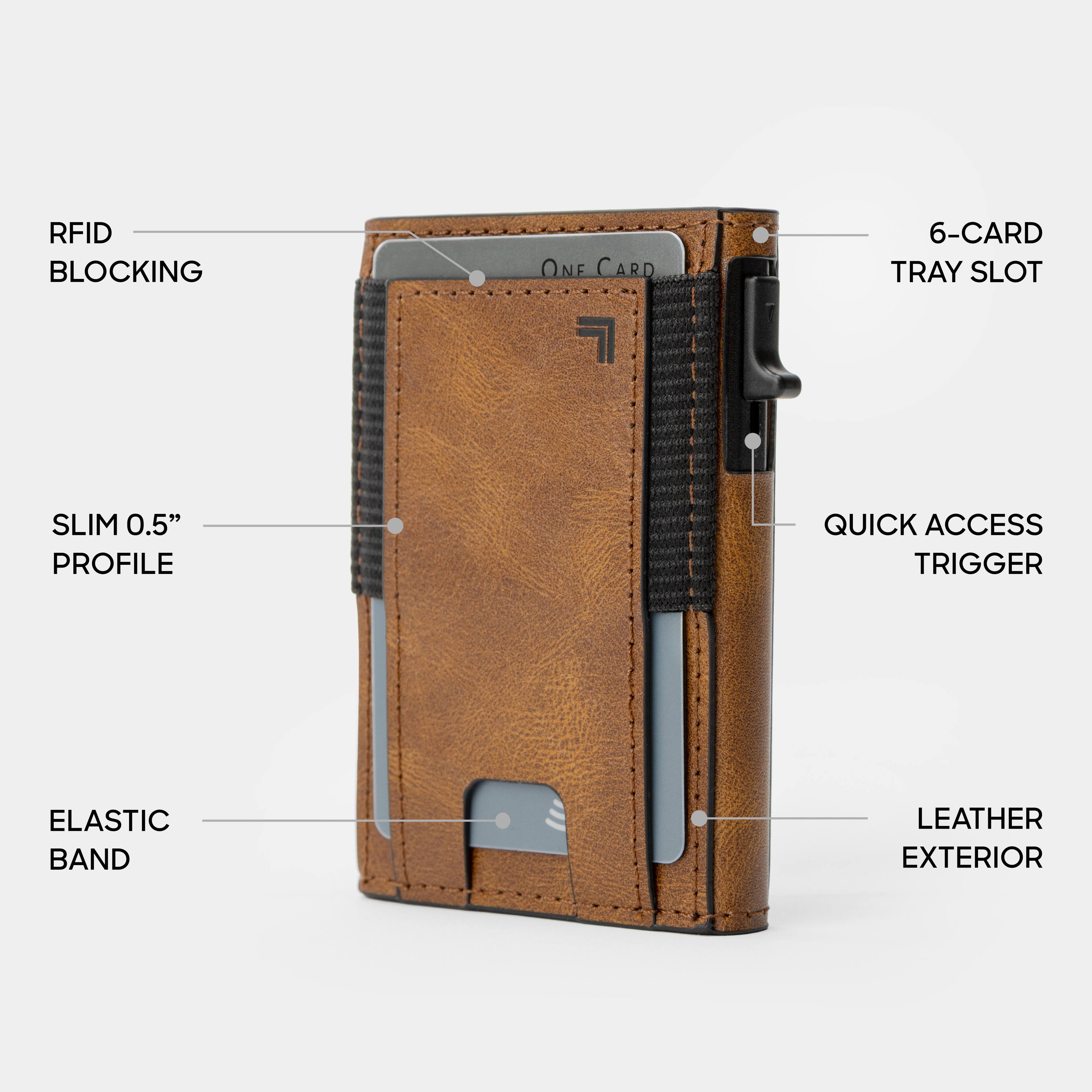 RFID BLOCKING  
6-CARD TRAY SLOT  
SLIM 0.5" PROFILE  
QUICK ACCESS TRIGGER  
ELASTIC BAND  
LEATHER EXTERIOR