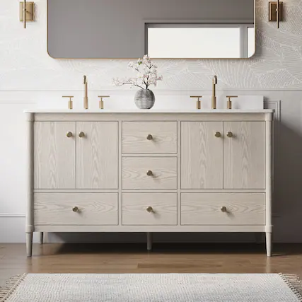Front. WELLFOR - ETHAN 60 in. Solid Wood Bath Vanity with Quartz Top, Double Sink, Soft Close, Assembled - OAK.