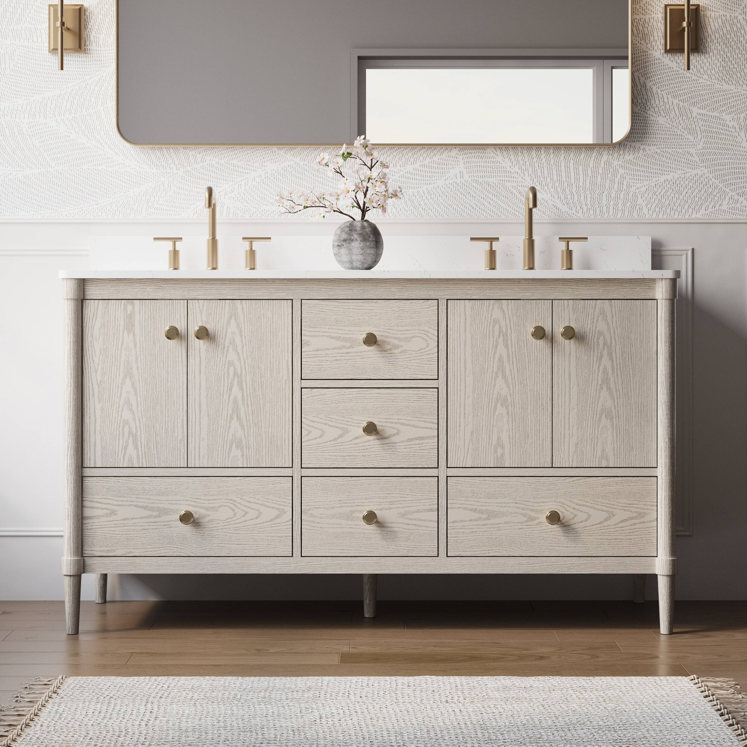 Front. WELLFOR - ETHAN 60 in. Solid Wood Bath Vanity with Quartz Top, Double Sink, Soft Close, Assembled - OAK.
