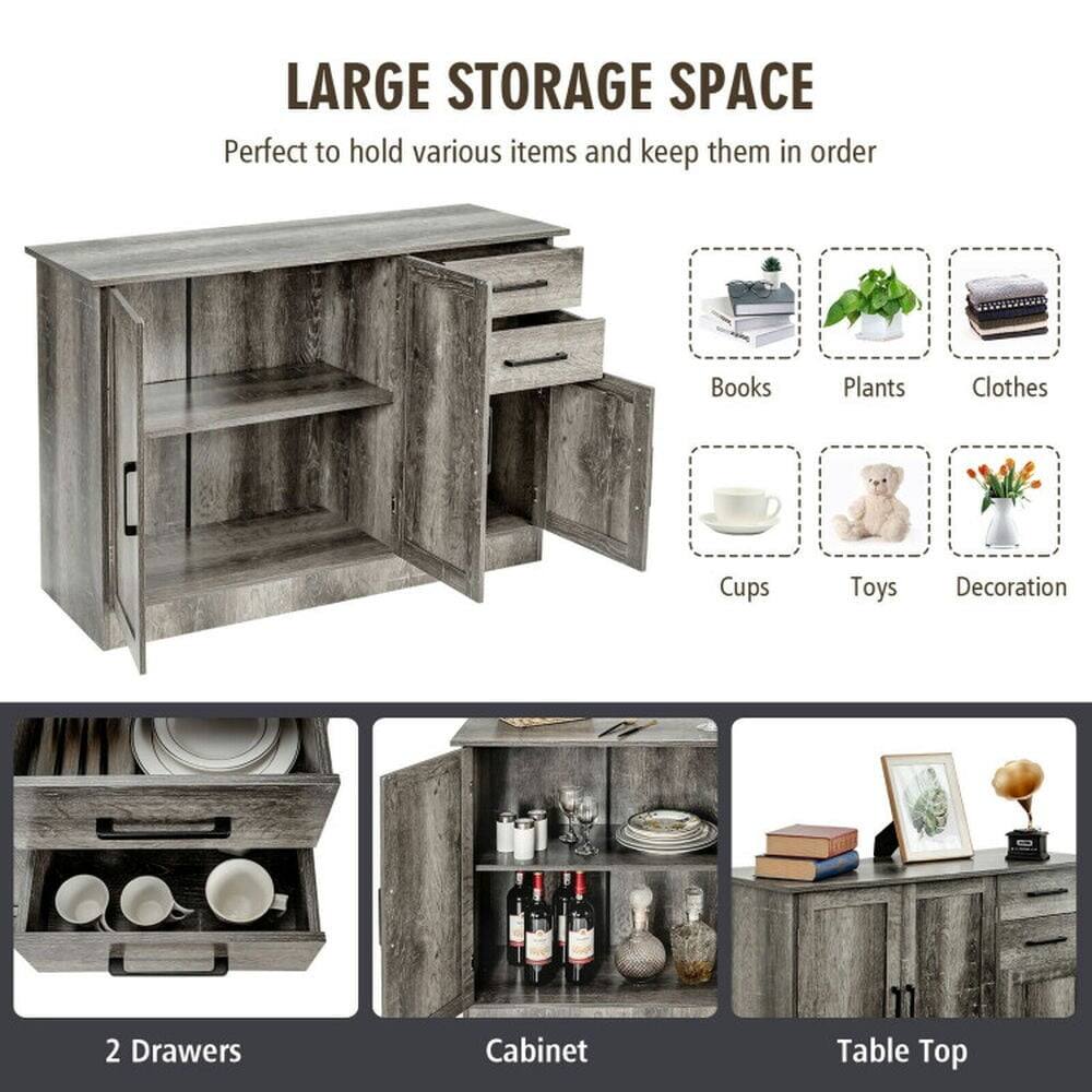 LARGE STORAGE SPACE  
Perfect to hold various items and keep them in order

- Books
- Plants
- Clothes
- Cups
- Toys
- Decoration

2 Drawers  
Cabinet  
Table Top