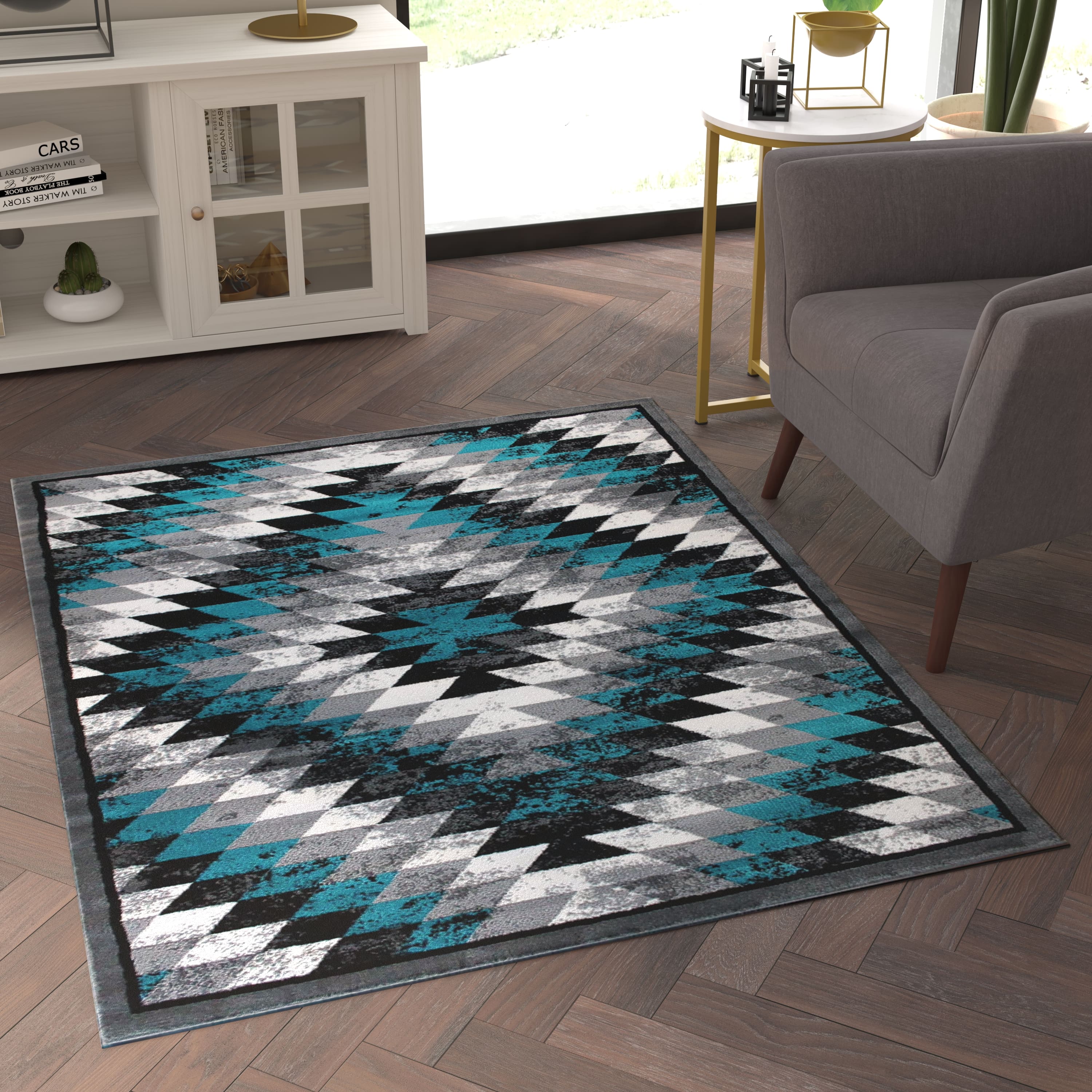 Emma + Oliver - Tucson Distressed Southwestern Diamond Motif Plush Pile Olefin Accent Rug - Jute Backing - Turquoise