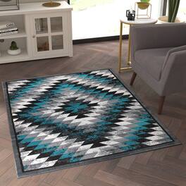 Emma + Oliver - Tucson Distressed Southwestern Diamond Motif Plush Pile Olefin Accent Rug - Jute Backing - Turquoise