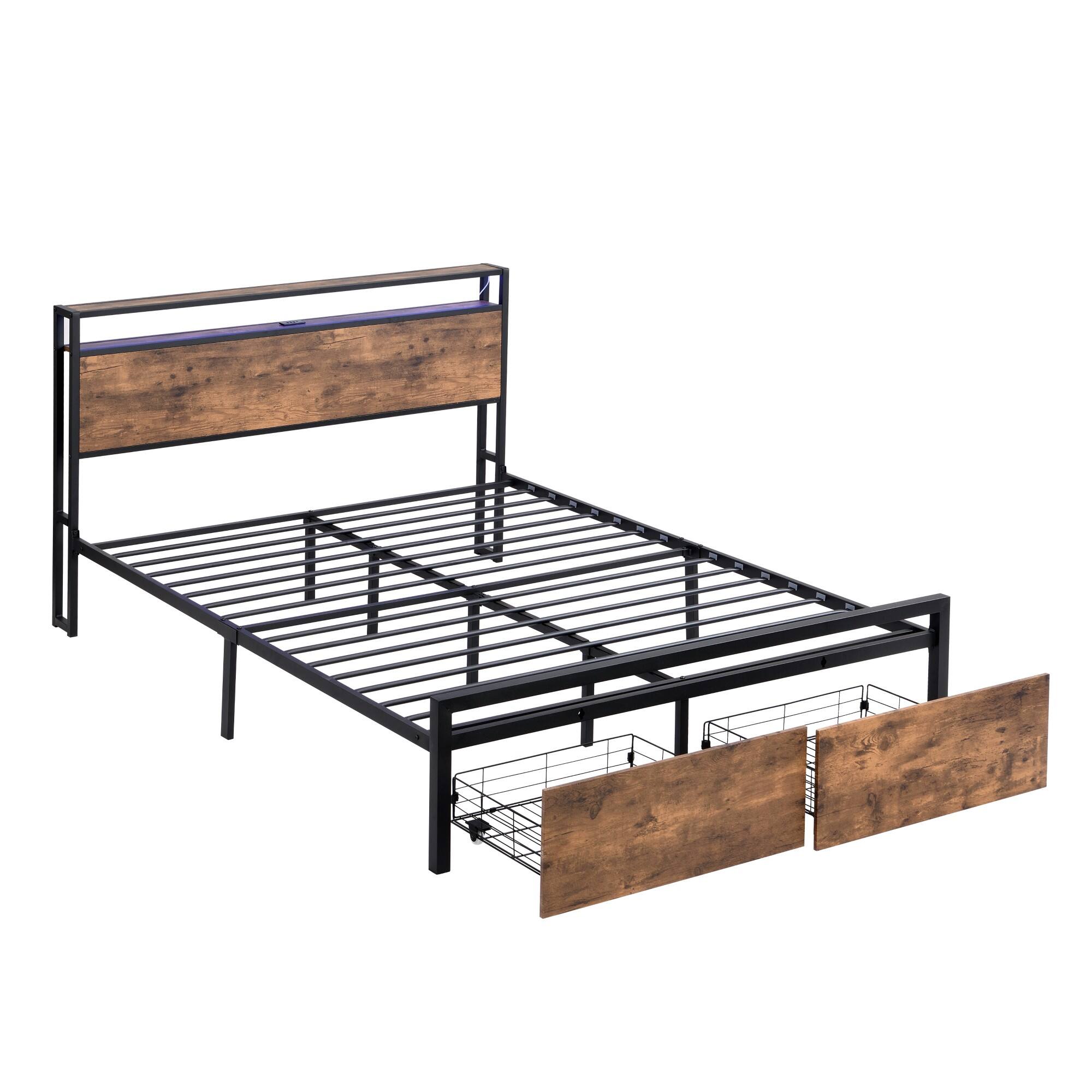 Alt View 10. Boyel Living - Queen Size Industrial Bed Frame with Storage Headboard LED Lights Charging Station and 2 Underbed Drawers - Black.