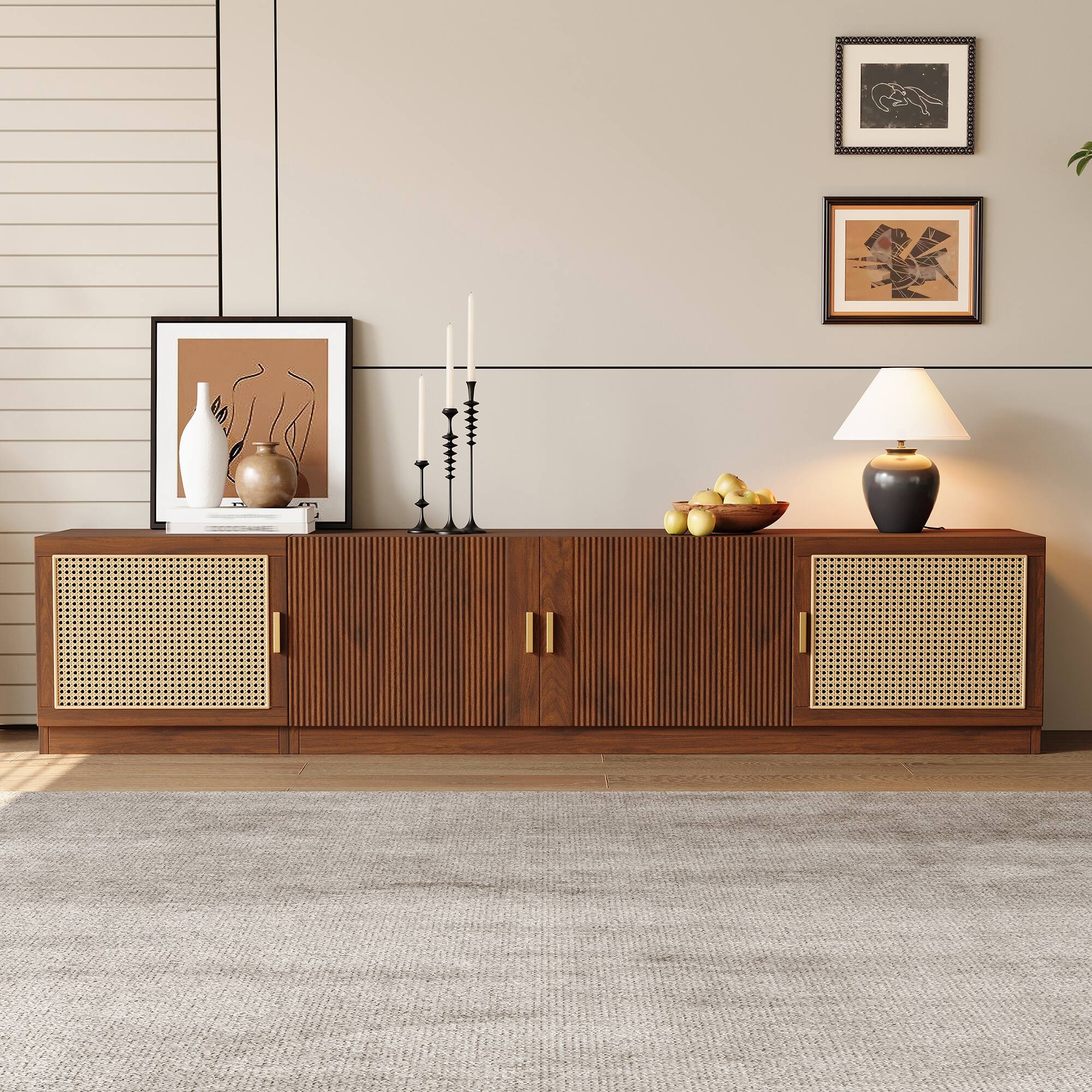 Left. MERAVOM - Mid-Century Modern TV Stand for TVs Up to 85", Entertainment Center with Rattan Doors, Adjustable Shelf for Living Room - Walnut.