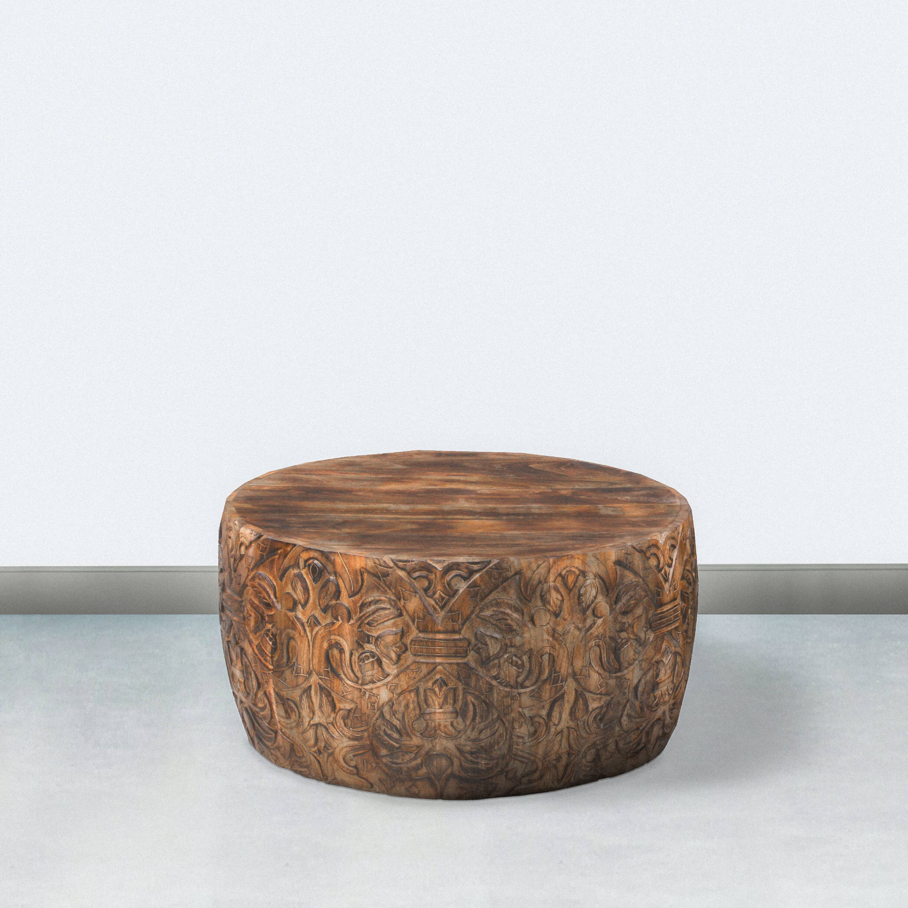 Alt View 5. Manhattan Lane - Rea 34 Inch Handcrafted Mango Wood Coffee Table, Round Drum Shape, Carved Damask Pattern - Brown.