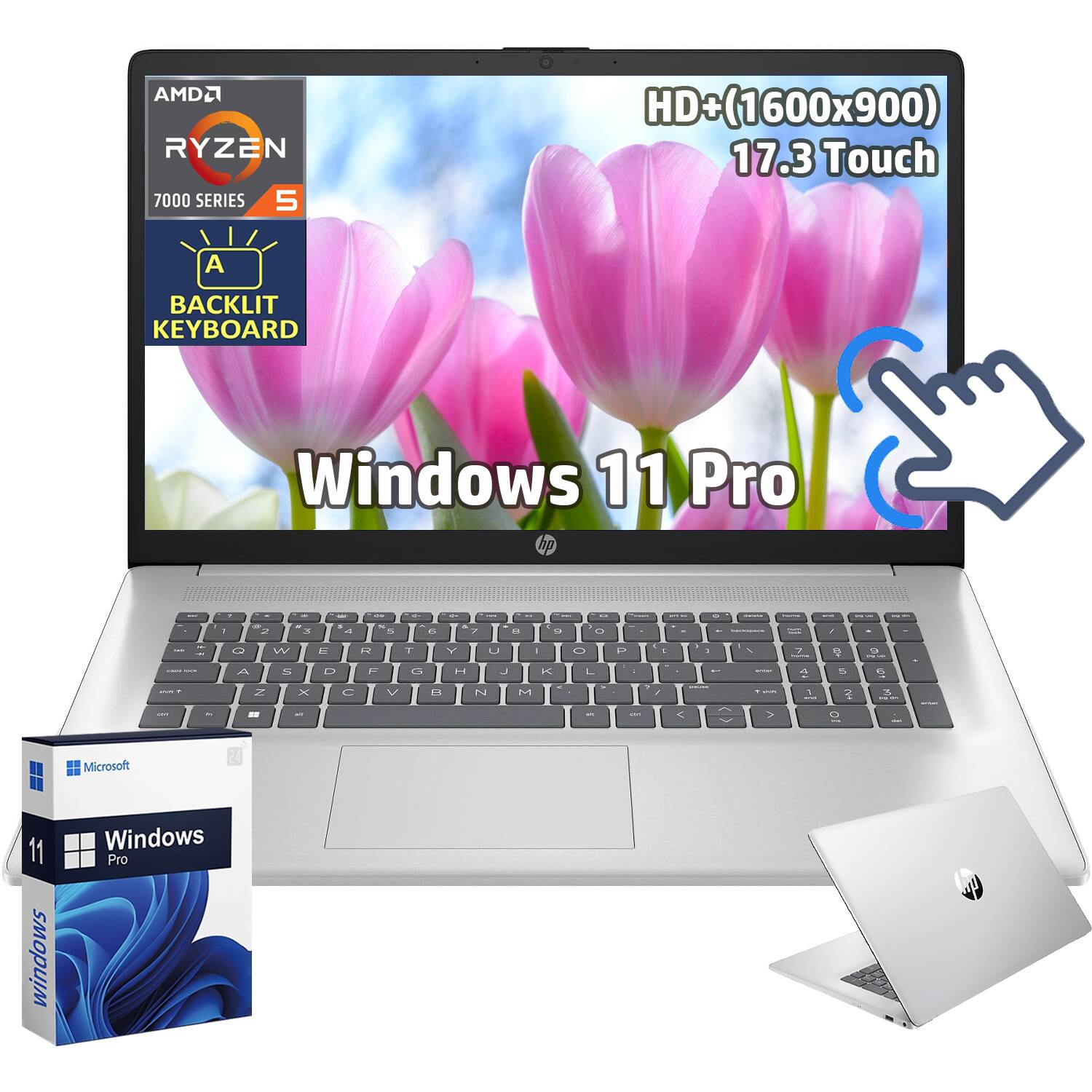 HP - 17.3" Touchscreen Laptop - Ryzen 5 7430U - 8GB RAM - 256GB SSD - HD+ Anti-Glare - Backlit Keyboard - Windows 11 Pro - Silver