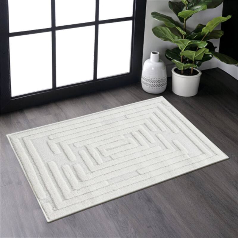 Angle. HTUTWOO - 2'x3' Area Rug - Cream Indoor Carpet, Modern Geometric Pattern, Non Shedding, for Bedroom, Kitchen, Living Room,Doormat - Striped Cream.
