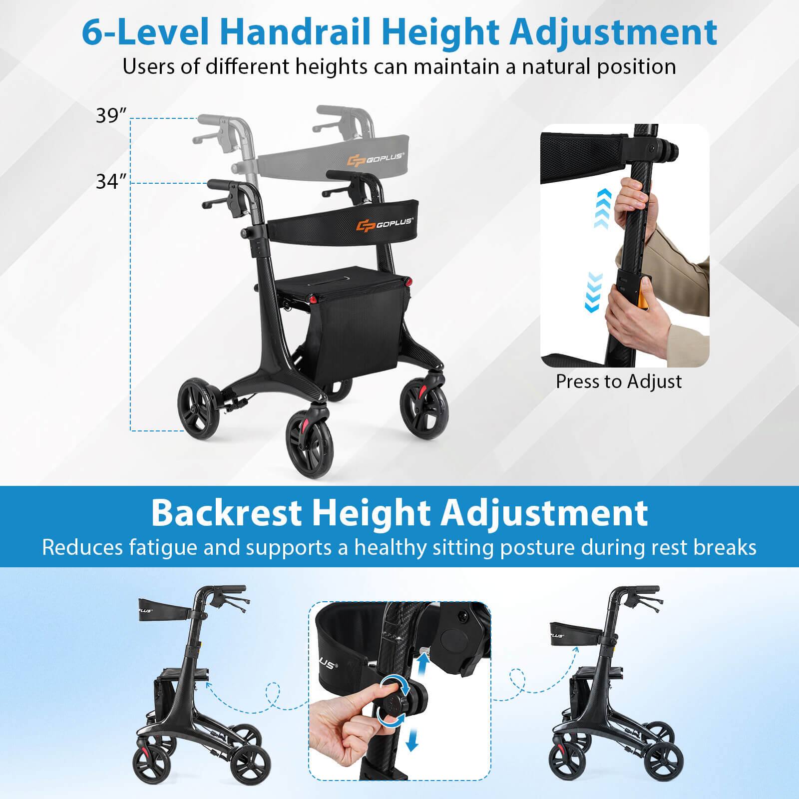 6-Level Handrail Height Adjustment  
Users of different heights can maintain a natural position  
39" 34"  

Press to Adjust Backrest Height Adjustment  
Reduces fatigue and supports a healthy sitting posture during rest breaks