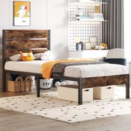 Hivvago - Twin size Modern Farmhouse Metal Platform Bed Frame with Wood Headboard - Brown