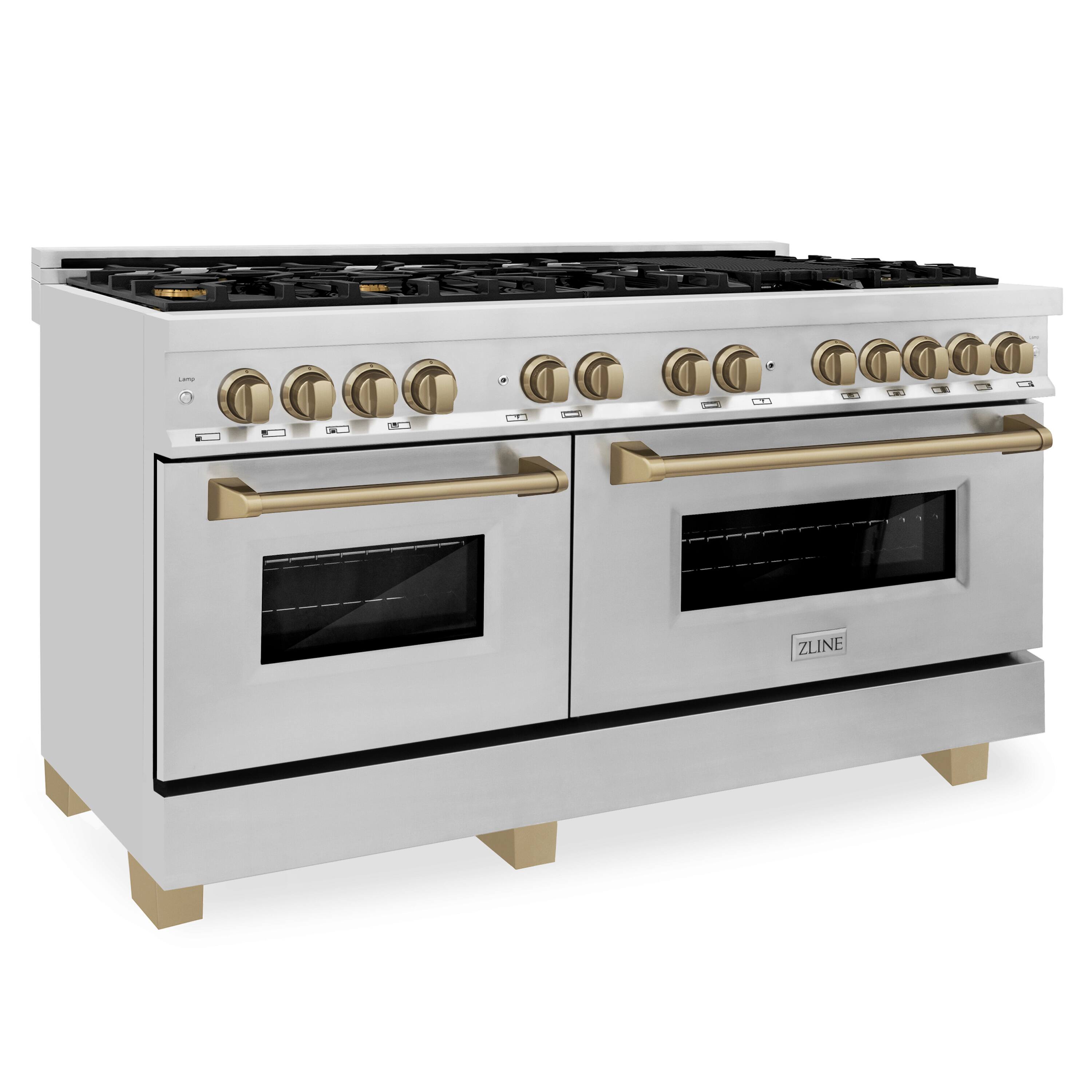 Angle. ZLINE - Autograph 60" Legacy Dual Fuel Range w/ 9 Burners & Champagne Bronze Accents (RAZ-60-CB) - Multicolor.