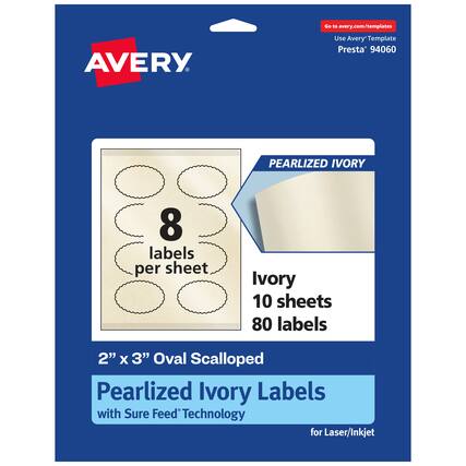 Go to avery.com/templates
Use Avery Template Presta® 94060
PEARLIZED IVORY
8 labels per sheet
Ivory 10 sheets 80 labels
2" x 3" Oval Scalloped
Pearlized Ivory Labels with Sure Feed® Technology for Laser/Inkjet