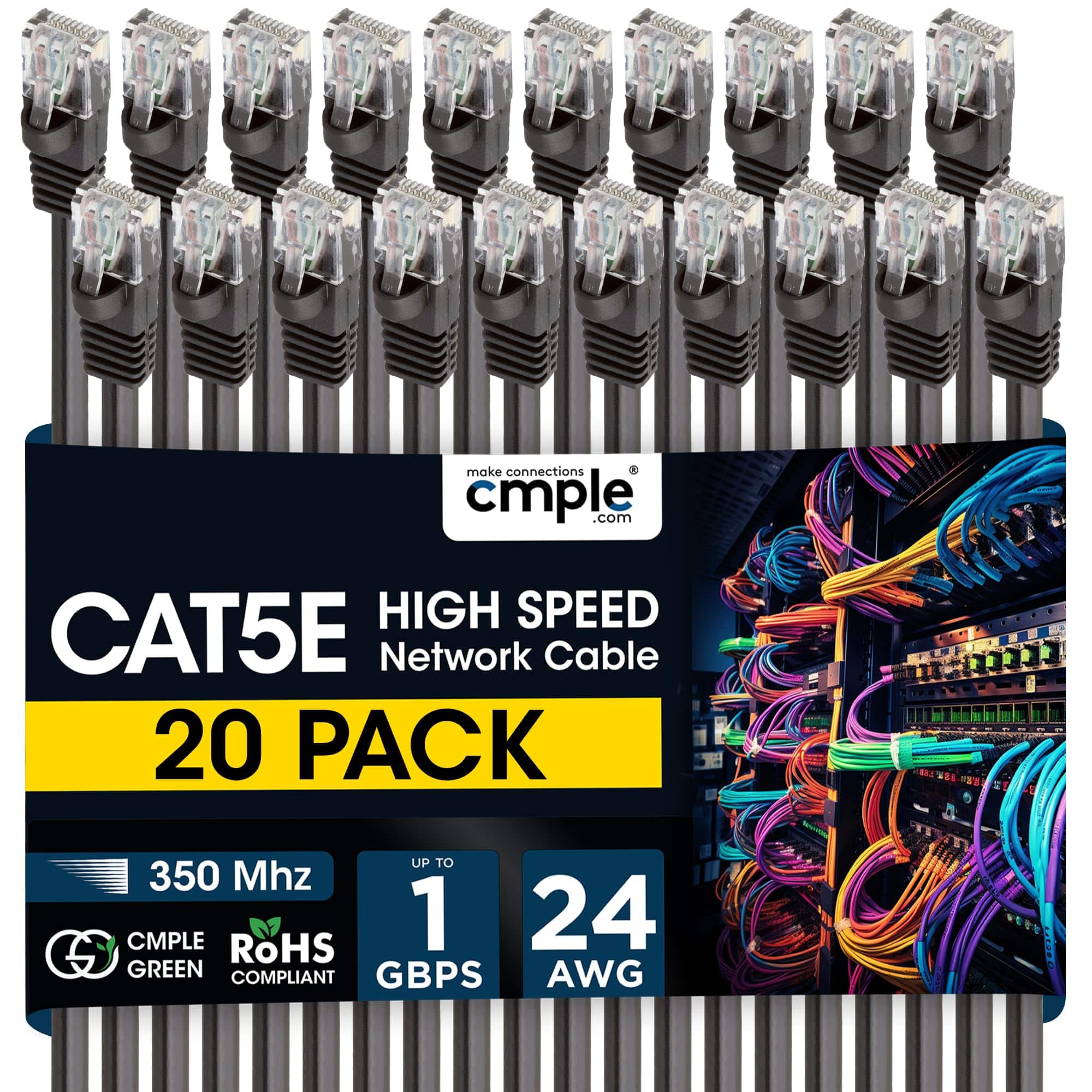 Cmple.com - Cmple - 20 Pack Cat5e Ethernet Cable 10ft Internet Patch Cord, RJ45, 1 Gigabit Router Cables 350Mhz LAN Wire - Black
