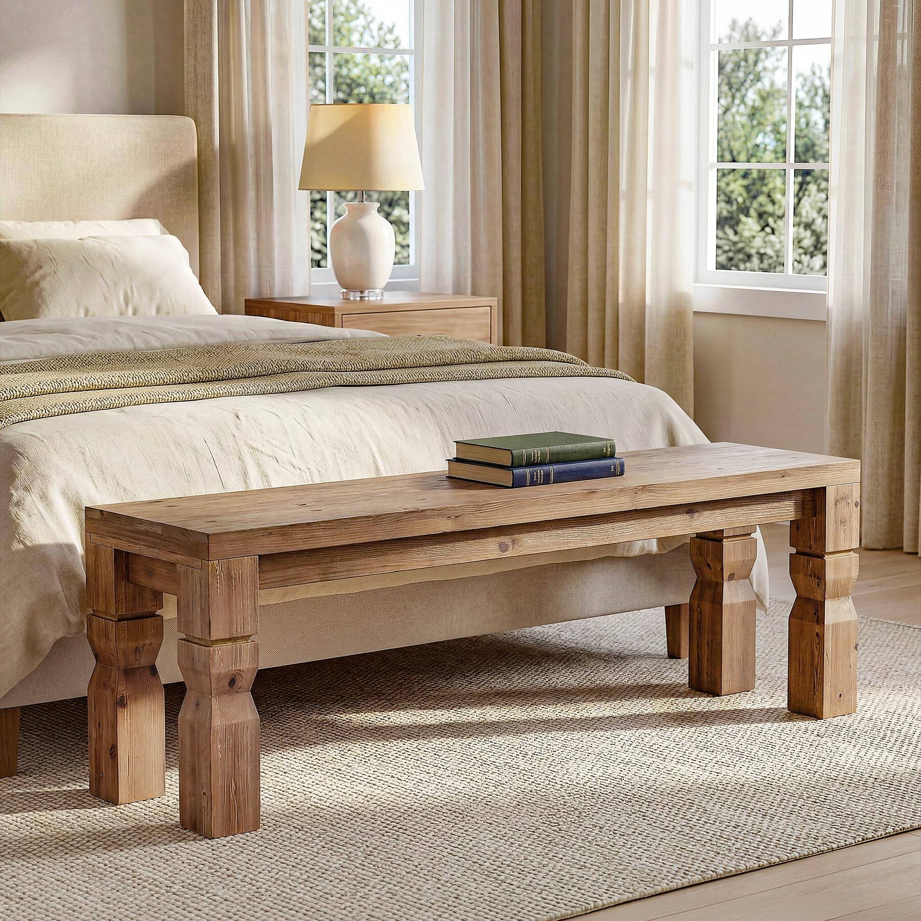 Back. Tribesigns - LITTLE TREE Solid Wood Bench 55-Inch Long Farmhouse Wooden Bench Seat for Entryway, End of Bed, Dining Room, Living Room - Rustic Brown.