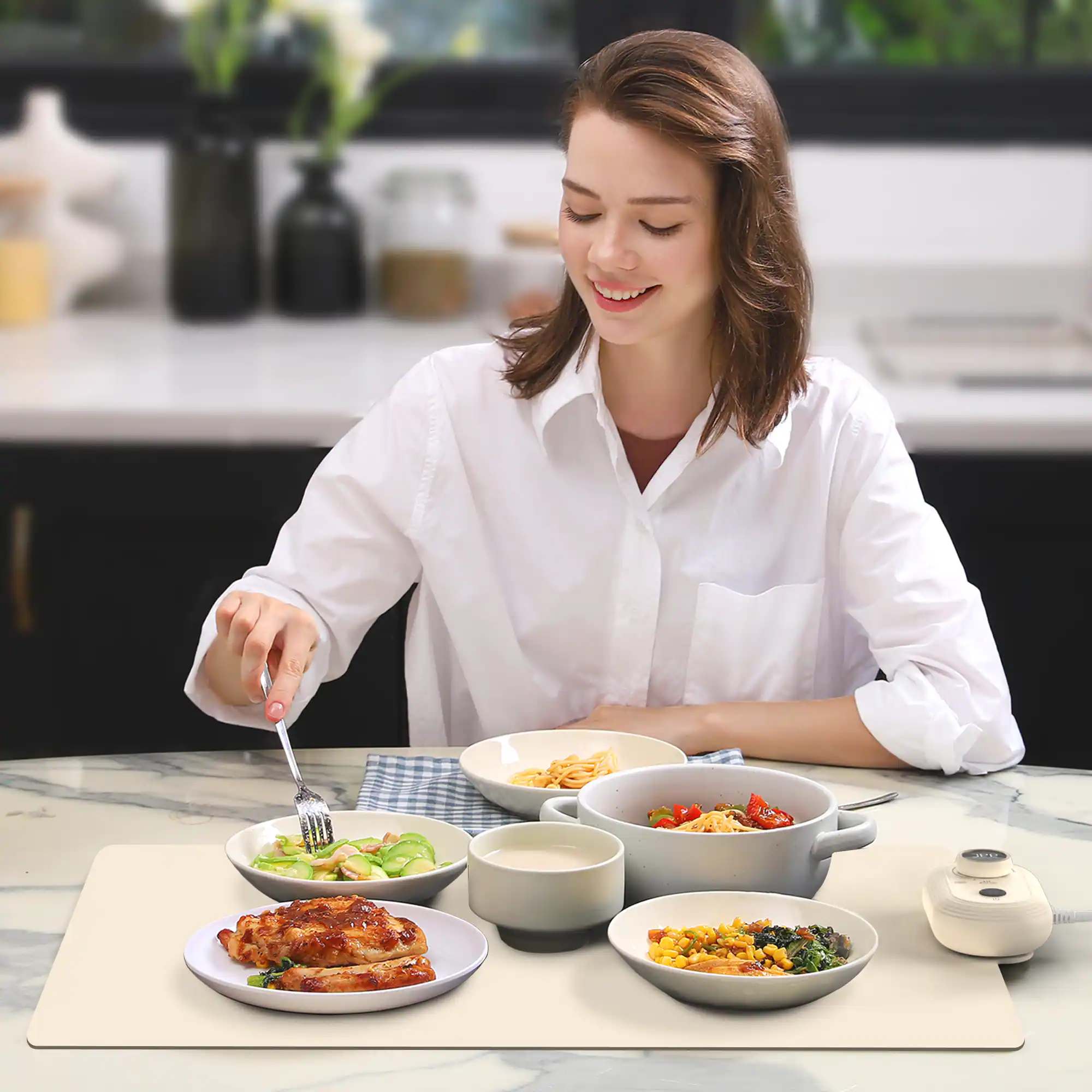 Alt View 2. LICHICO - Portable Food Warmer Mat, Silicone Heater Mat with 13 Temp Levels, Electric Warming Tray for Buffet Party 26x15 - white.