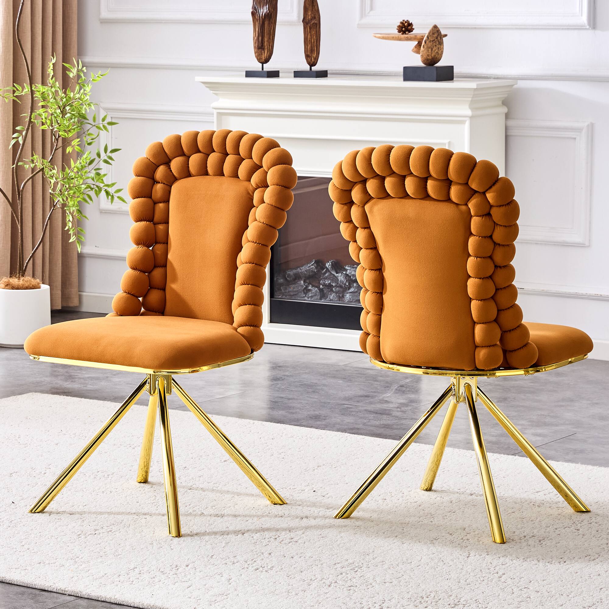 Left. Loheer - Loheer Velvet Dining Chairs Set of 2, Orange Bubble Back Accent Dining Chairs with Gold Legs, 1.71 ft - Gold,Orange.
