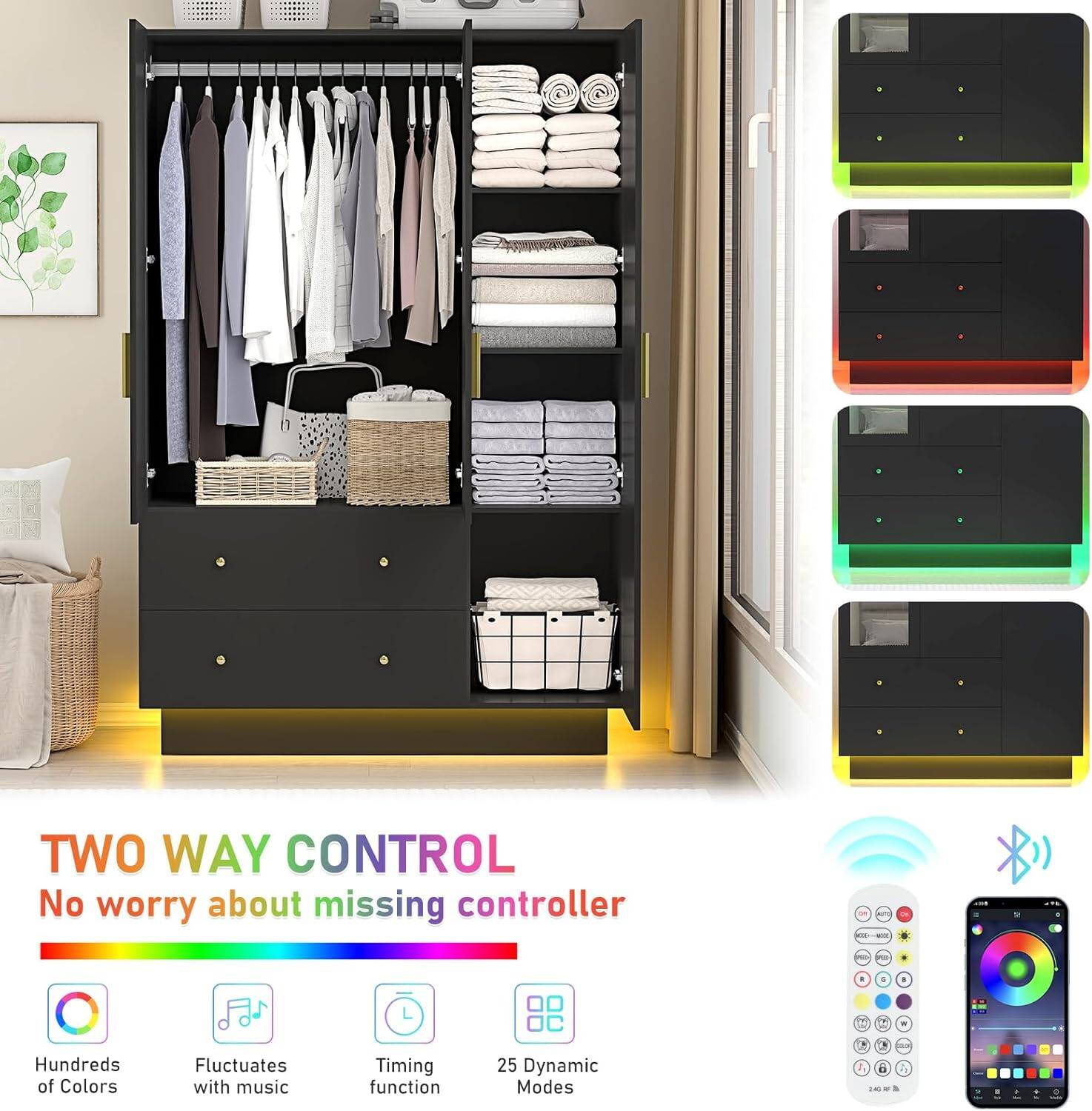 TWO WAY CONTROL  
No worry about missing controller  

- Hundreds of Colors  
- Fluctuates with music  
- Timing function  
- 25 Dynamic Modes