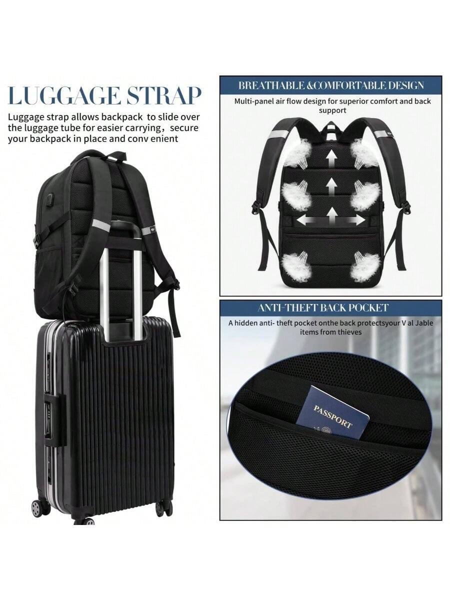 **LUGGAGE STRAP**  
Luggage strap allows backpack to slide over the luggage tube for easier carrying, secure your backpack in place and convenient

**BREATHABLE & COMFORTABLE DESIGN**  
Multi-panel air flow design for superior comfort and back support

**ANTI-THEFT BACK POCKET**  
A hidden anti-theft pocket on the back protects your Valuables from thieves

**PASSPORT**