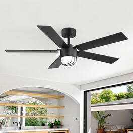 Breezary - 52-Inch Modern Ceiling Fan with LED Light & Remote, 6'' Downrod, 5 Reversible Blades, 6-Speed DC Motor, Timer, 6-Speed - Black