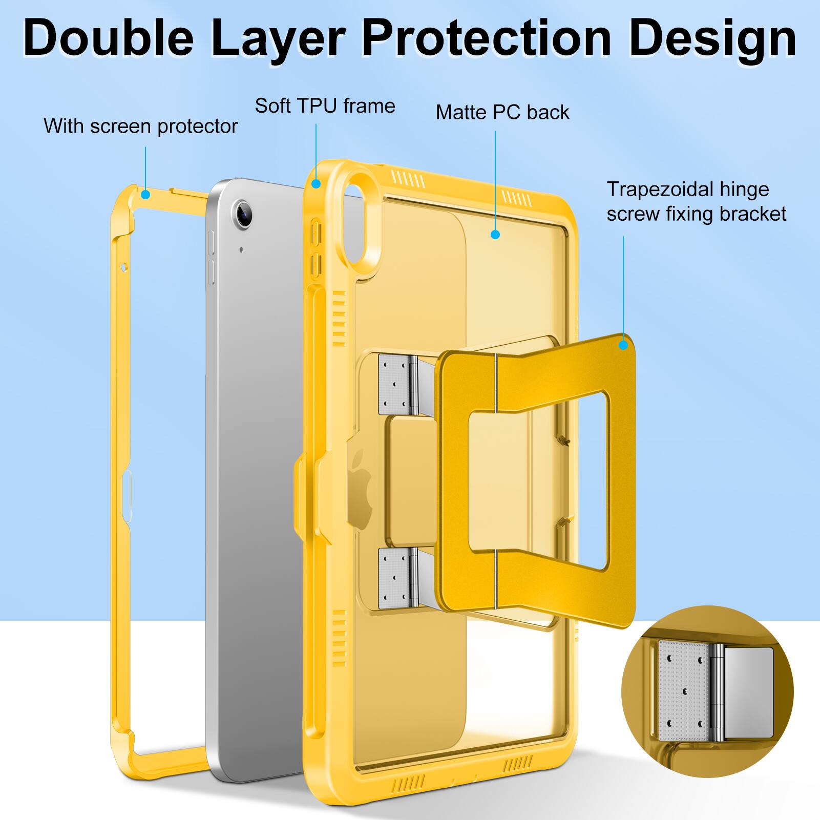 Double Layer Protection Design

- With screen protector
- Soft TPU frame
- Matte PC back
- Trapezoidal hinge screw fixing bracket