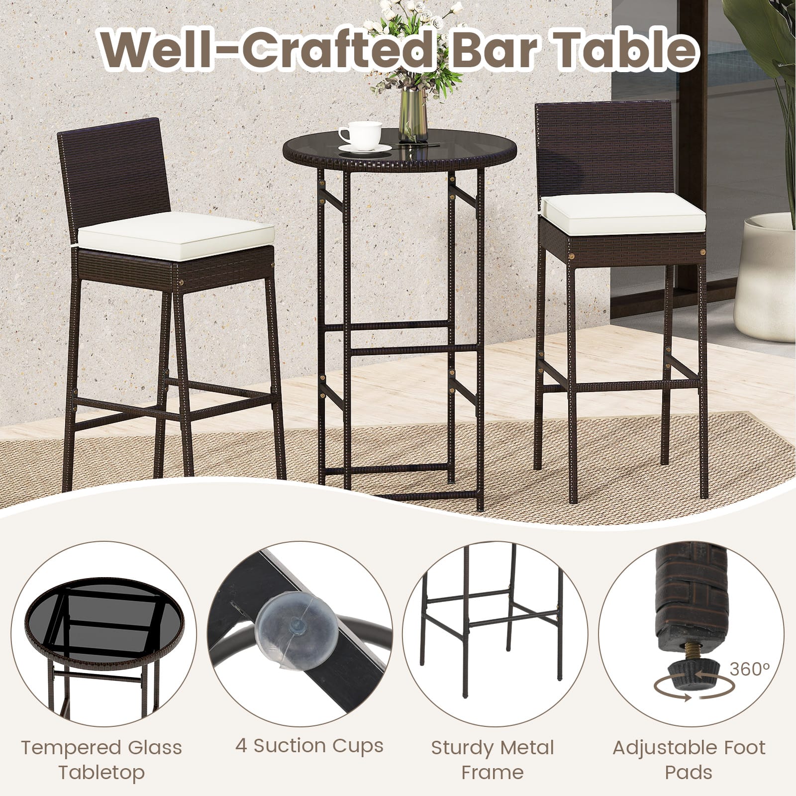 Gymax - Set of 3 Outdoor Bar Set Patio Rattan Bar Height Table & Chairs w/ Glass Tabletop Mix Brown - Mix Brown & Off White - Thumbnail 2