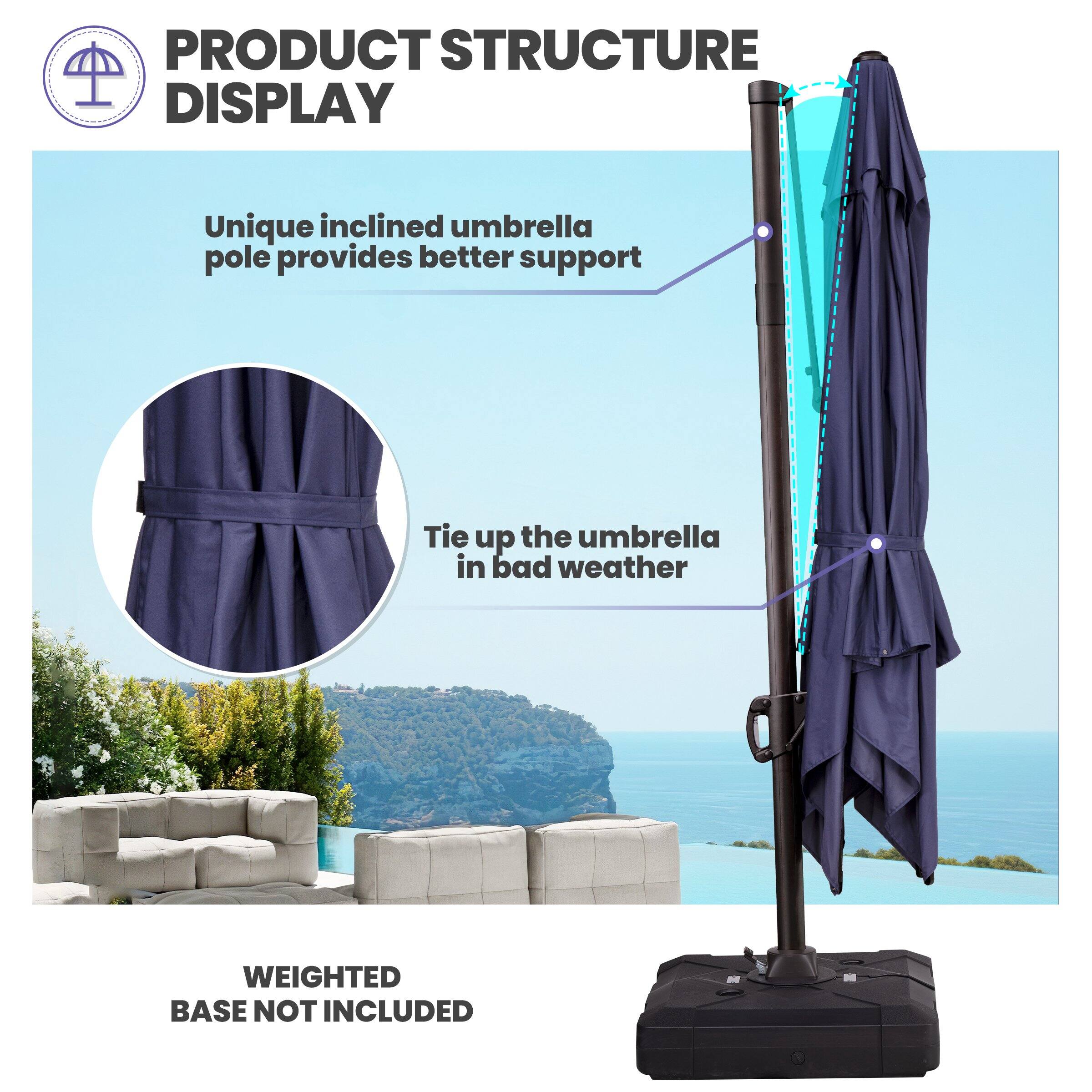 PRODUCT STRUCTURE DISPLAY

Unique inclined umbrella pole provides better support

Tie up the umbrella in bad weather

WEIGHTED BASE NOT INCLUDED