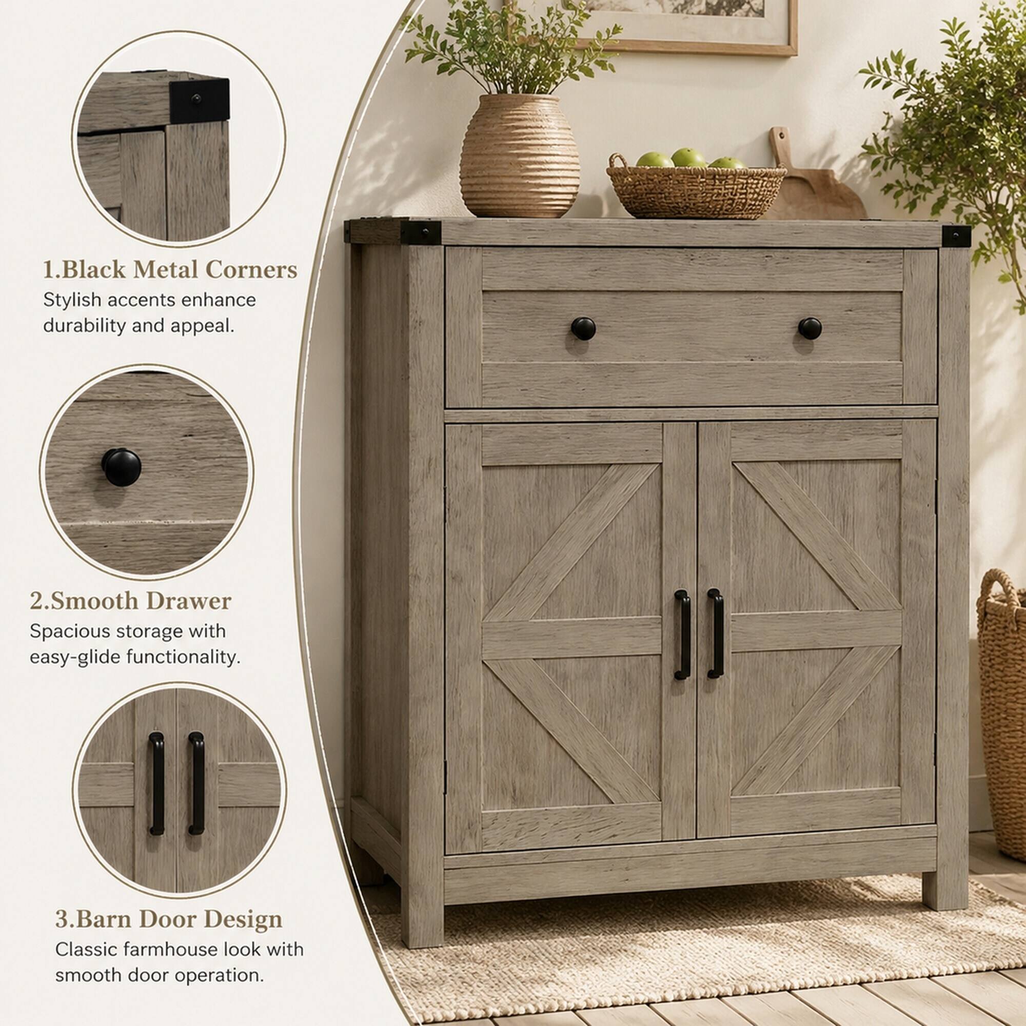 1. Black Metal Corners
Stylish accents enhance durability and appeal.

2. Smooth Drawer
Spacious storage with easy-glide functionality.

3. Barn Door Design
Classic farmhouse look with smooth door operation.