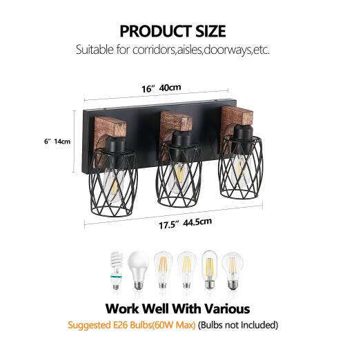 PRODUCT SIZE  
Suitable for corridors, aisles, doorways, etc.  
16" 40cm  
6" 14cm  
17.5" 44.5cm  

Work Well With Various  
Suggested E26 Bulbs (60W Max)  
(Bulbs not Included)
