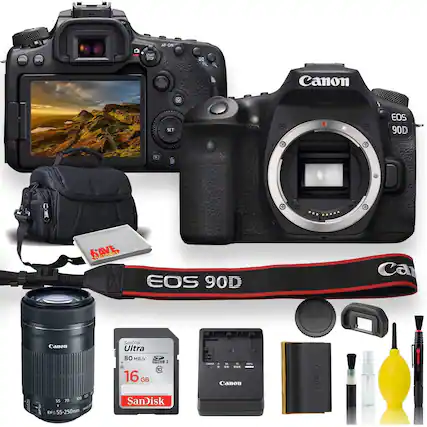 AF-ON MINU NFO SART 1P Canon 01 SET EOS 90D SAVE r EOS 90D Canon 100 2 55 70 EFS 55-250 3mm SanDisk Ultra 80 MB/s 10 16 GB SanDisk Canon
Canon EOS 90D
Canon EF-S 55-250mm f/4-5.6 IS STM
SanDisk Ultra 80MB/s 16GB SD Card
Canon LP-E6N Battery
Canon Camera Bag
Canon Strap
Canon Lens Hood
Canon Cleaning Kit
Canon USB Cable
Canon Lens Cap